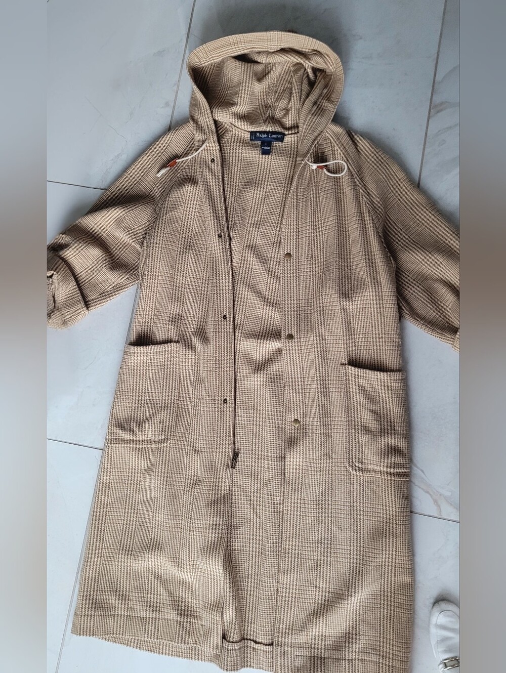 Vintage Ralph Lauren Plaid Wool Duster Coat Hooded Waffle Trench Jacket - Picture 3 of 11
